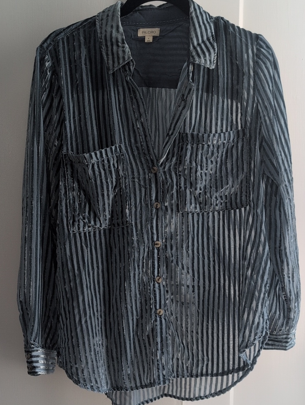 Pilcro Women's Blue Striped Velvet-Texture Button-Up Shirt